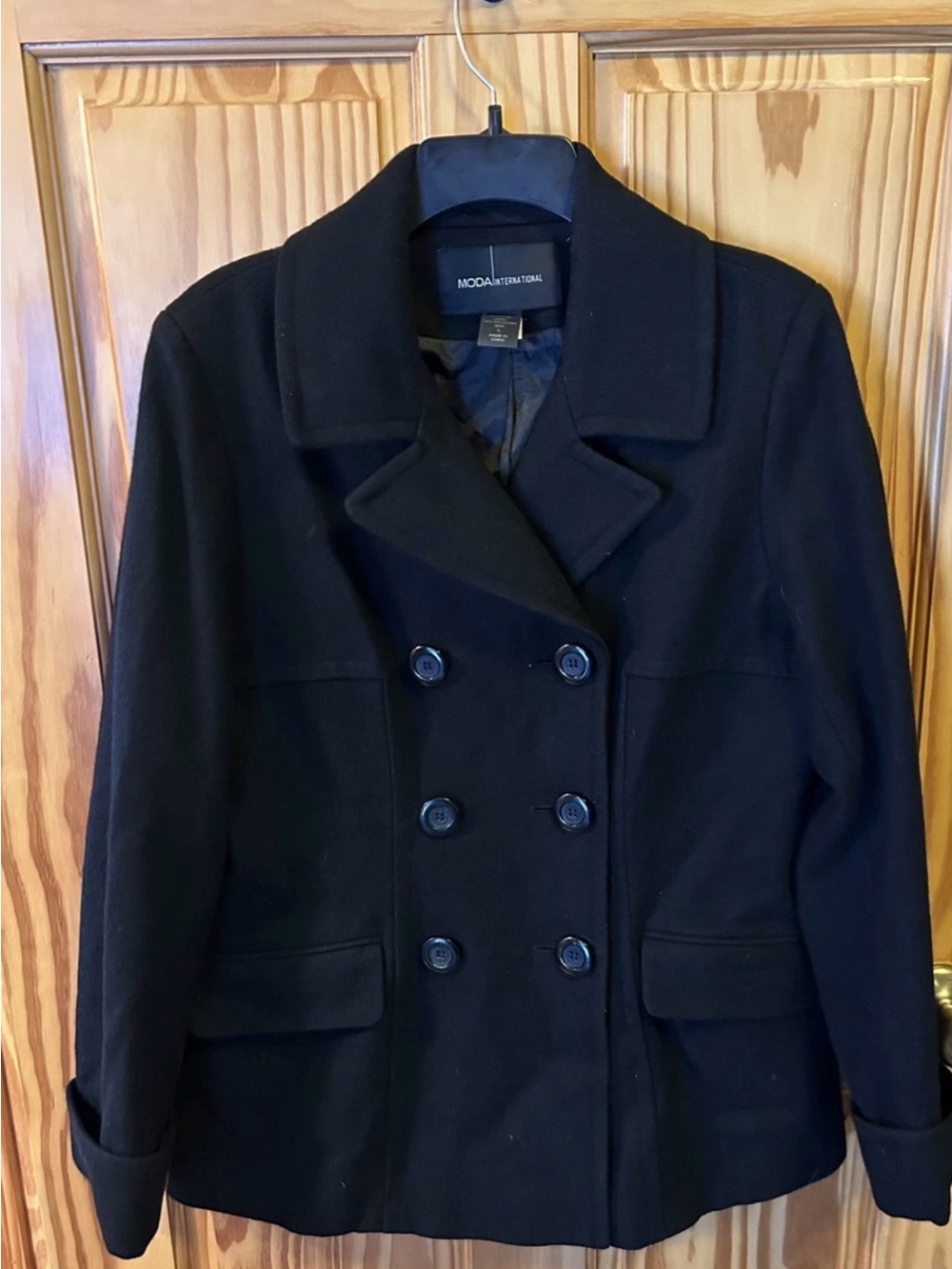 Moda International Black Double-Breasted Pea Coat with Notched Collar